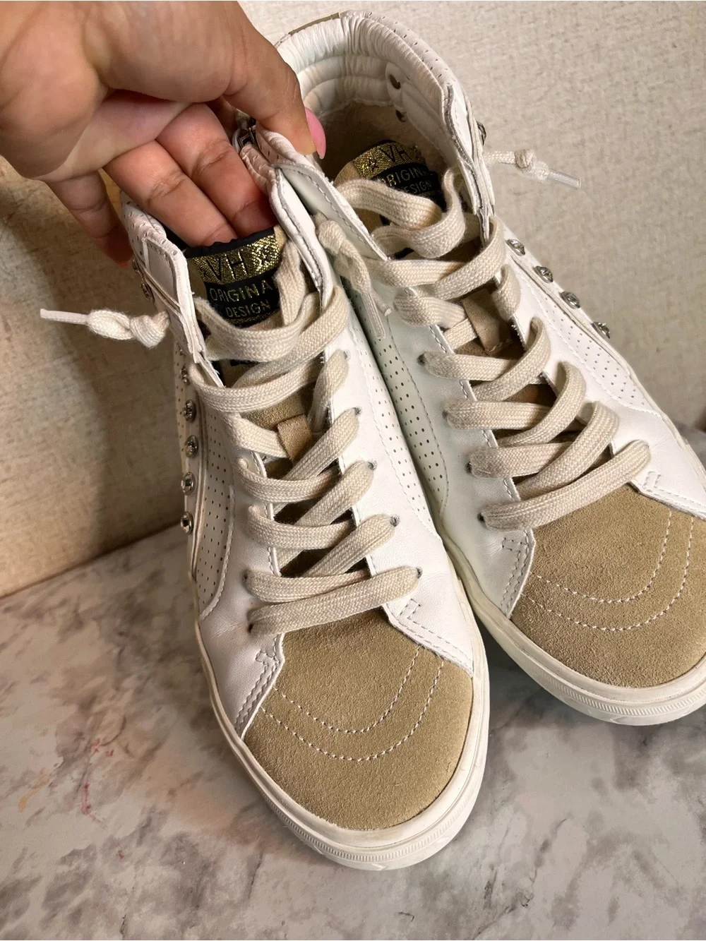 Vintage Cream & White High-Top Sneakers with Stud Accents